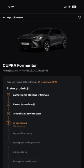 mycarapp.pl — śledzenie statusu produkcji samochodu, 10-krokowy timeline zamówienia